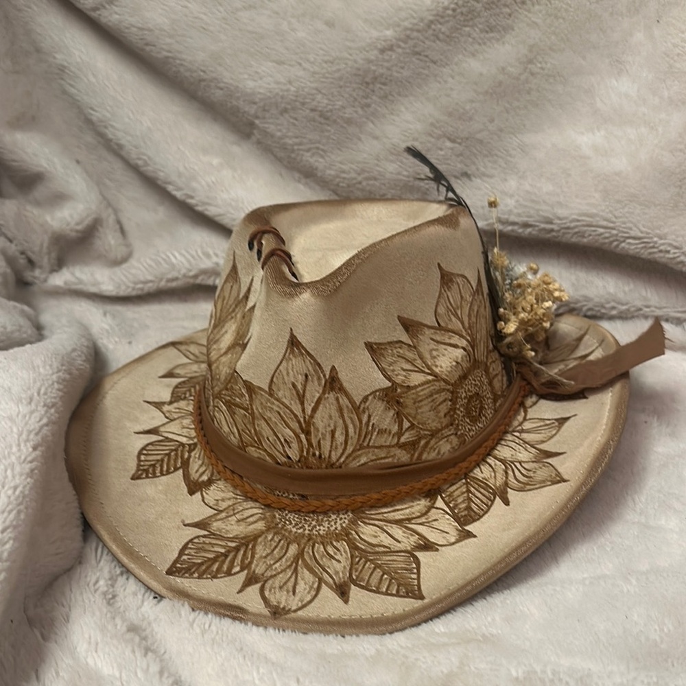 Tan and Brown Wide-Brimmed Sun Hat with Floral Trim